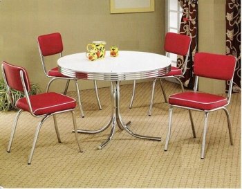 White Round Top & Chrome Base Modern 5Pc Dining Set w/Red Chairs [CRDS-2388-Red]