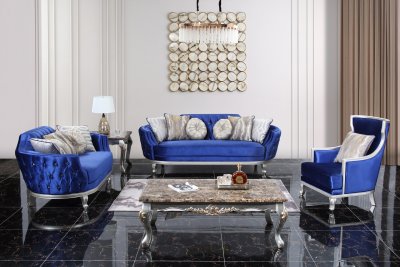 Skylar Sofa & Loveseat Set in Blue Velvet Fabric w/Options