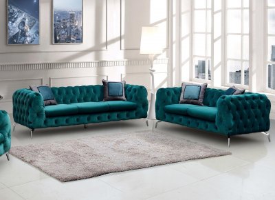 Aiden Sofa & Loveseat Set in Teal Velvet Fabric w/Options