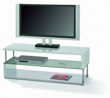 Chrome & Polished Glass Modern TV Stand w/Wood Top & Shelf