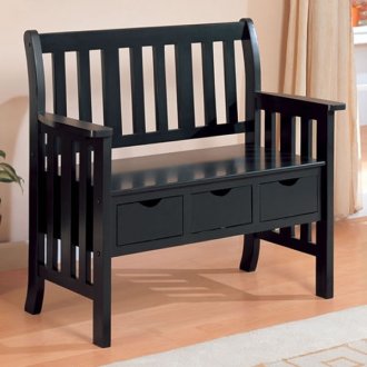 Black Finish Hardwood Storage Bench w/Three Drawers