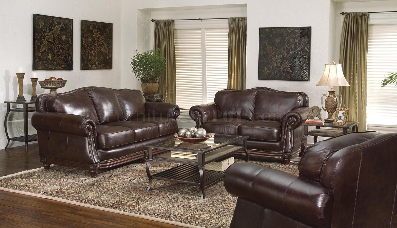Dark Brown Leather Traditional Living Room w/Nail Head Trim