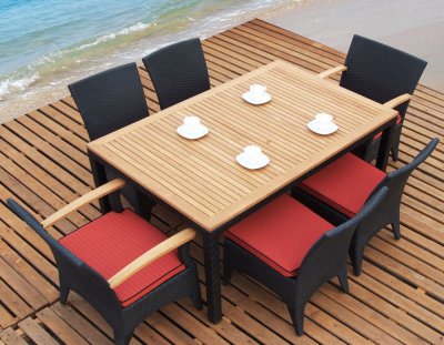 Dark Brown & Natural Teak Finish Modern 7Pc Outdoor Dining Set