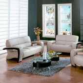 Beige Leather Modern 3Pc Living Room Set w/Espresso Wood Trim