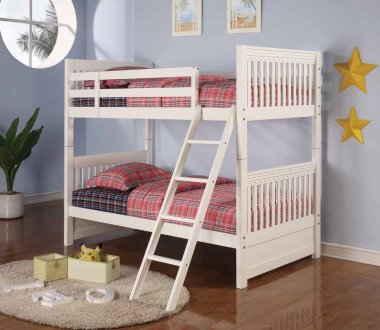 White Finish Modern Twin Over Twin Bunk Bed w/Guard Rails