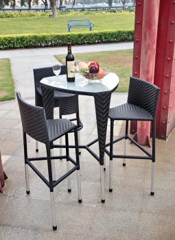 Black Modern 4 Pc Triangle Outdoor Bar Set w/Glass Table Top [THOUT-GW3006SET]