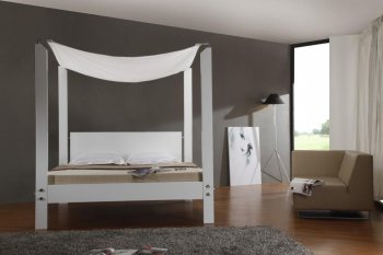 White Finish Modern Canopy Bed w/Glossy Headboard & Frame [VGBS-Lias]