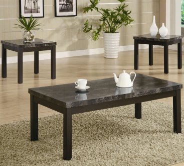 Black Finish Modern 3Pc Coffee Table Set w/Marble-Like Top