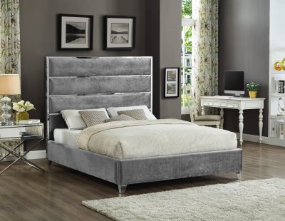 Zuma Upholstered Bed in Grey Velvet Fabric by Meridian