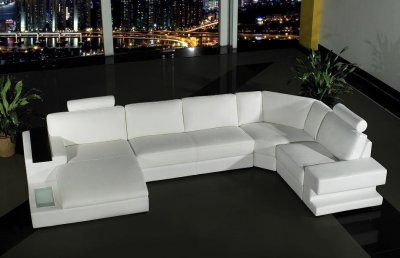 0557 Orion White Leather Modern Sectional Sofa w/Side Light