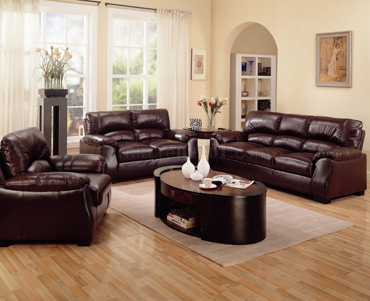 contemporary living room with brown leather sofa