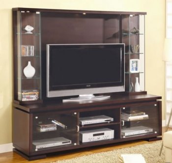 Contemporary Cappuccino Finish TV Console w/Glass Piers & Lights [CRTV-387-700173]