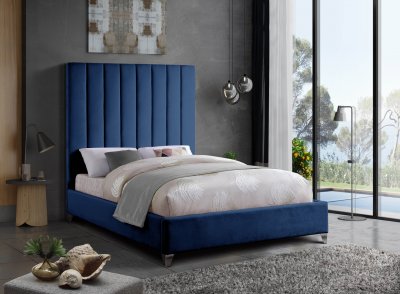 Via Upholstered Bed in Navy Velvet Fabric by Meridian