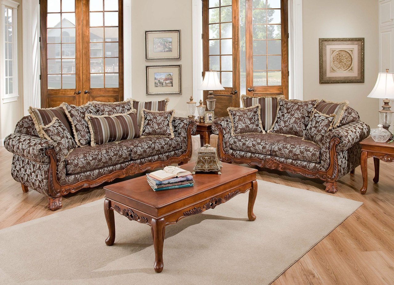 Textured Fabric Traditional Living Room w Carved Wood Accents