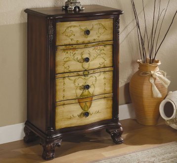 Antique Cherry Finish 4 Drawer Cabinet w/Hand Painted Flowers