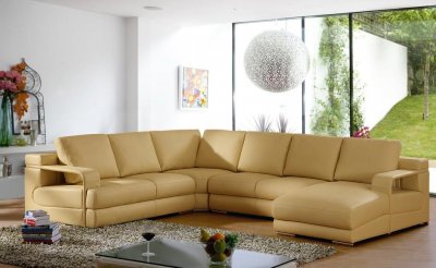 Beige Leather Modern Sectional Sofa w/Metal Legs