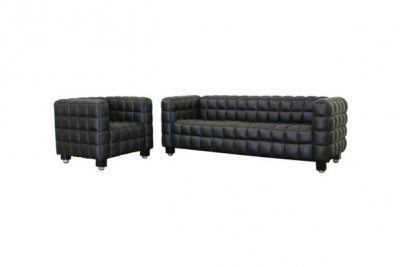 Black Leather Modern Sofa & Chair Set w/Wood Legs