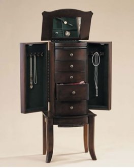 Dark Brown Finish Jewelry Armoire With Swing-out Sides