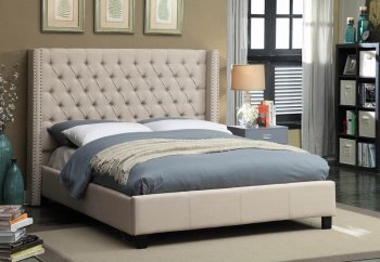 Ashton Upholstered Bed in Beige Linen Fabric w/Options [MRB-Ashton Navy]