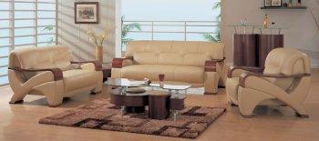 Beige Leather Contemporary Living Room Set with Wooden Arms [GFS-706]