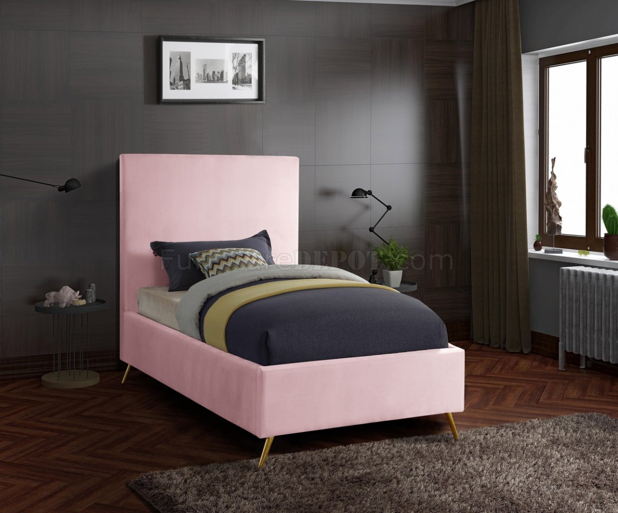 Jasmine Bed in Pink Velvet Fabric by Meridian w/Options