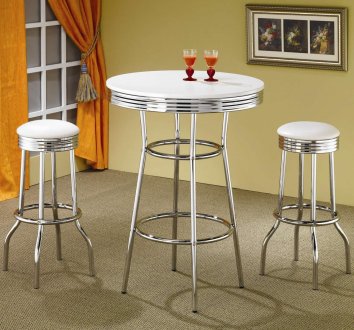 White Top & Chrome Base Modern 3Pc Bar Set w/Optional Stools