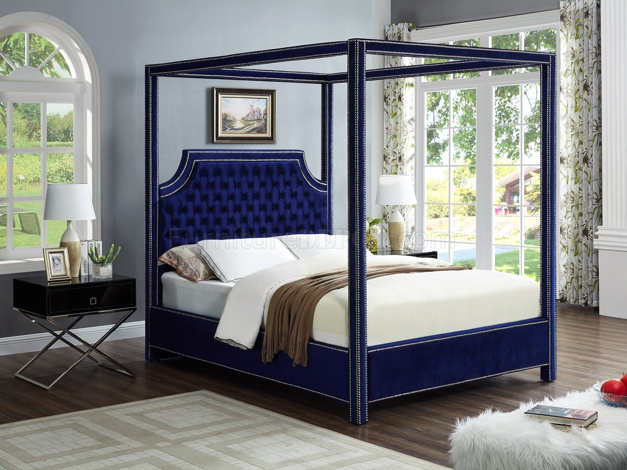 Rowan Upholstered Bed in Navy Velvet Fabric by Meridian w/Canopy