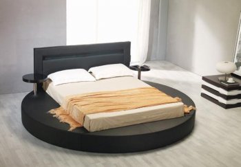 Black Leatherette Round Platform Bed w/Attached Nightstands [VGBS-Palazzo-Black]