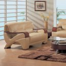 Beige Leather Contemporary Living Room Set with Wooden Arms