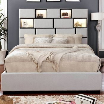 Gemma Upholstered Bed CM7303 w/Bookcase Headboard in Beige [FAB-CM7303-Gemma]