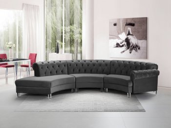 Anabella Sectional Sofa 697 3Pc Grey Velvet Fabric by Meridian [MRSS-697 3Pc Anabella Grey]