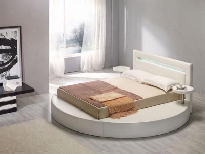 White Leatherette Round Platform Bed w/Attached Nightstands