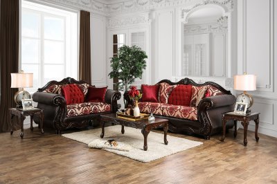 Wilford Sofa SM6307 in Brown Leatherette & Burgundy Fabric