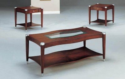 Brown Cherry Finish Modern 3Pc Coffee Table Set w/Shelves