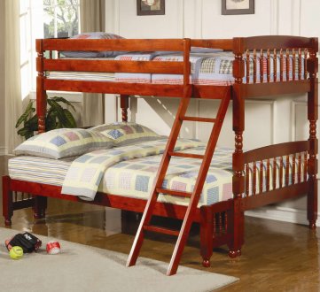 Warm Cherry Finish Classic Twin Over Full Bunk Bed w/Ladder