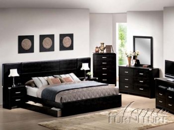 Black Finish Contemporary Bed w/Storage & Optional Case Goods [AMBS-12300 Carta]