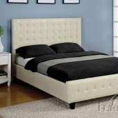 White Bonded Leather Modern Platform Bed w/Wooden Legs