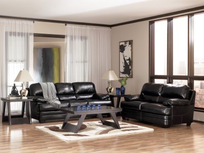 Black Leather Match Living Room with White Stitches By Ashley 97600