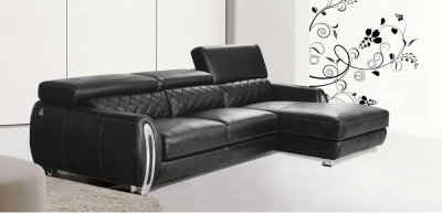 Black Full Italian Leather Sectional Sofa w/Adjustable Headrests