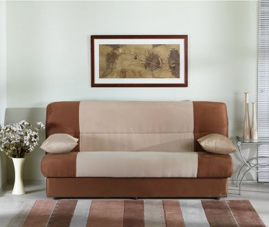 Contemporary Sofa Bed in Beige & Brown Microfiber w/Storage