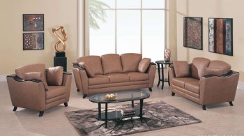 Brown Leather Contemporary Elegant Living Room W/Wooden Arms [GFS-A006 Brown]