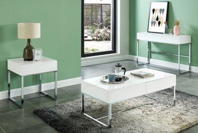 Juni 3Pc Coffee & End Table Set CM4456 in White & Chrome