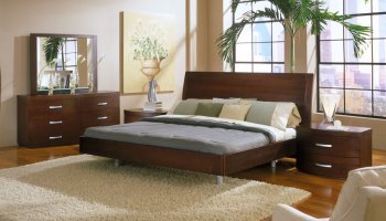 Wenge Finish Modern Bedroom Set With Wooden Curved Headboard [Rossetto-Clio]