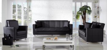 Black Leatherette Convertible Sofa Bed w/Chrome Legs & Storage [IKSB-TOLEDO-Escudo Black]