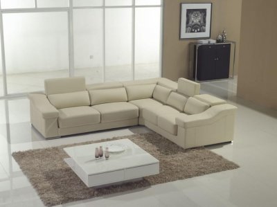 Cream Full Leather Modern Sectional Sofa w/Adjustable Headrests