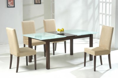 Dark Walnut Modern Glass Top Dinning Table w/Wooden Inlay