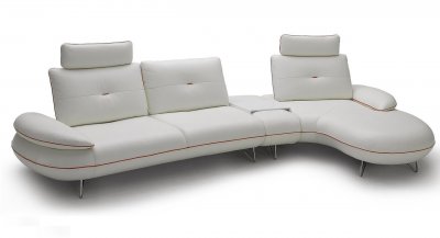 White Leather Modern Sectional Sofa w/Console & Orange Trim