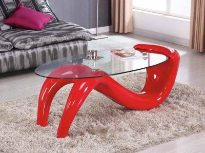 T320 Coffee Table w/Red High Gloss Base & Clear Glass Top