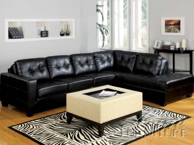 Black Bonded Leather Modern Sectional Sofa w/Optonal Ottoman