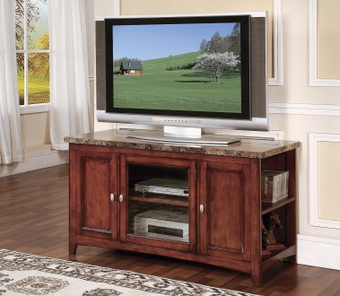 Distressed Cherry Finish Modern TV Stand w/Marble Top